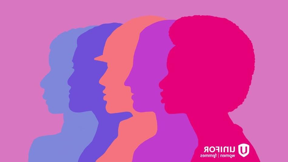 Cinque silhouettes féminines sur un arrière plan rose /