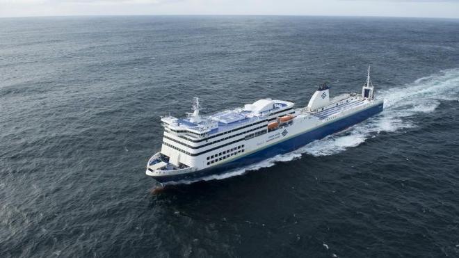 Arial shot of the Blue Putee ferry at sea.